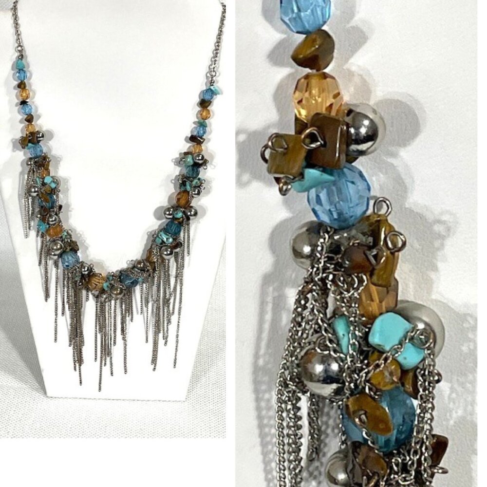 Silver-tone, bead, stone and fringe statement necklace.